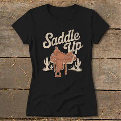 Black t-shirt with "Saddle Up" text and a western saddle graphic.