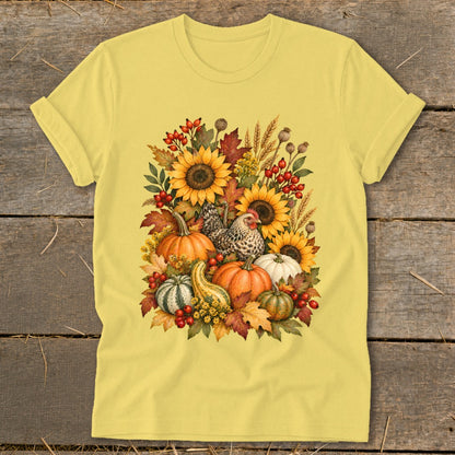Yellow t-shirt with a watercolor print of sunflowers, pumpkins, gourds, and chickens.
