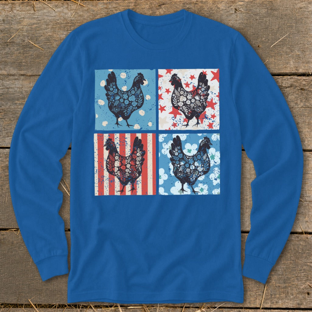 Blue long-sleeved shirt with four square panels of chickens in patriotic patterns.