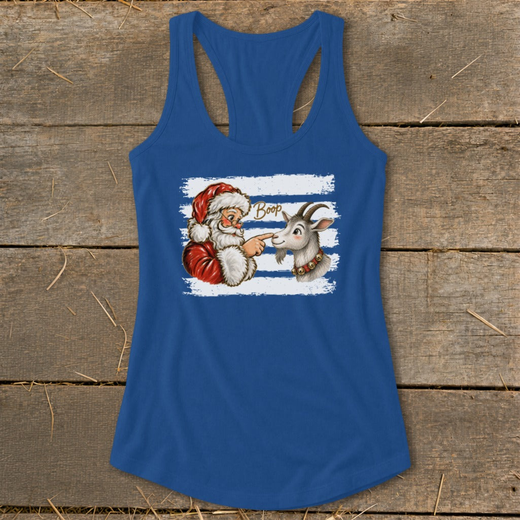 Santa booping a goat with the word "Boop" on a blue tank top.