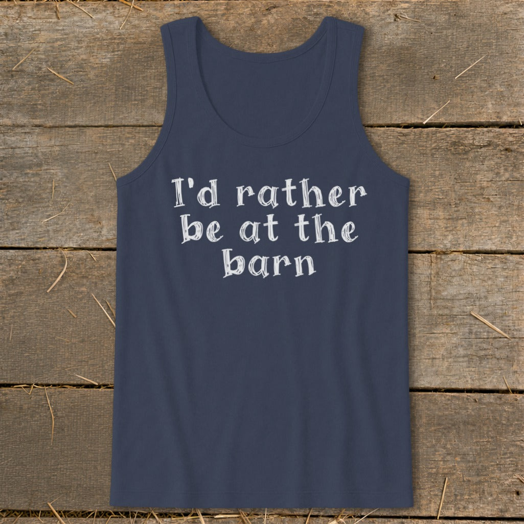 Navy tank top with white text reading "I'd rather be at the barn".