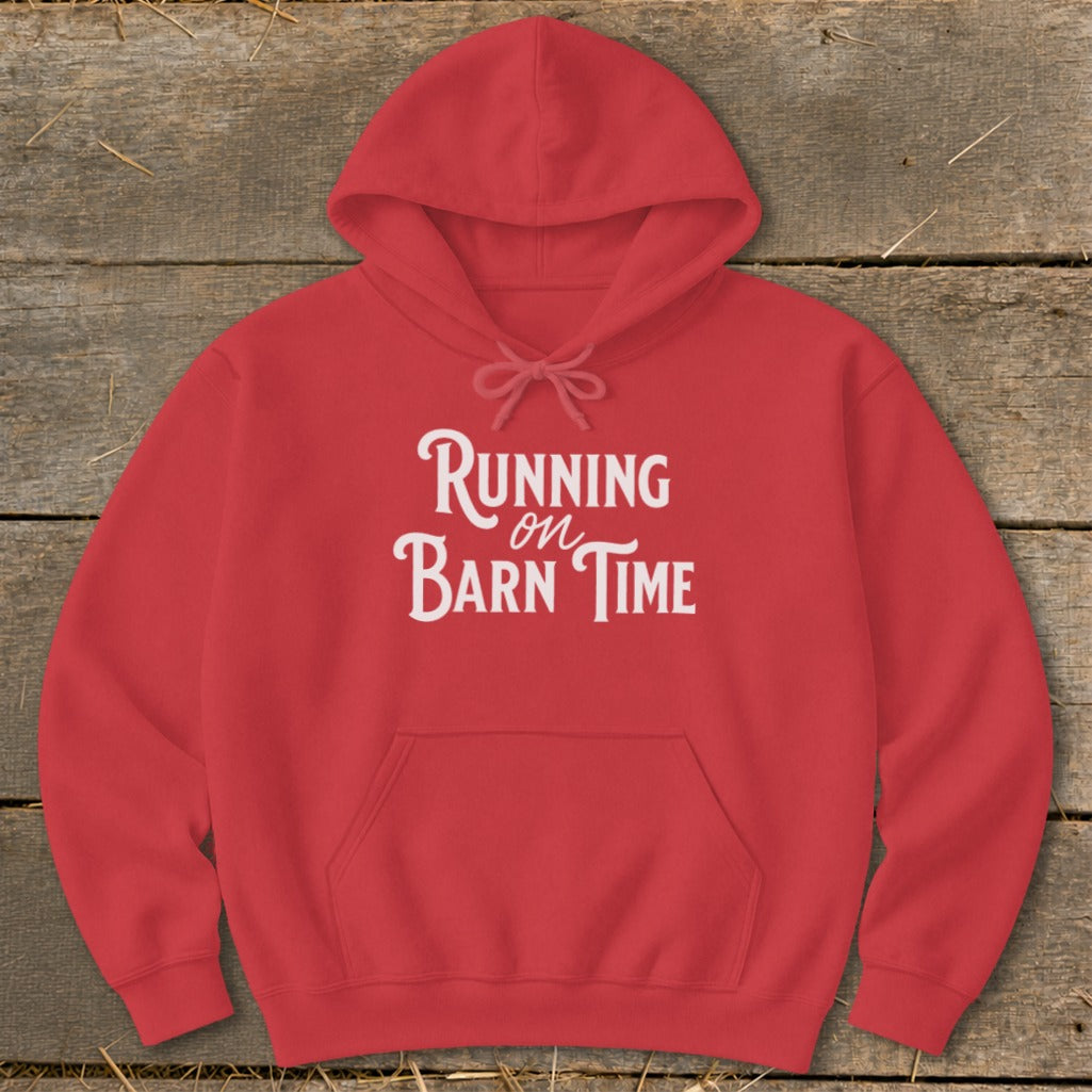 Red hoodie with "Running on Barn Time" text in white script.