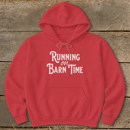 Red hoodie with "Running on Barn Time" text in white script.