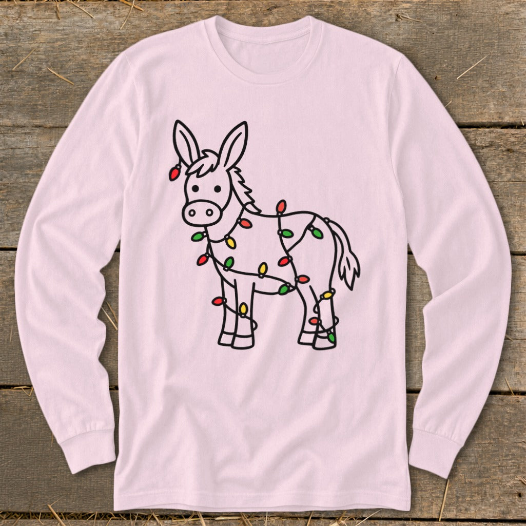 Line drawing of a donkey wrapped in colorful Christmas lights on a pink shirt.