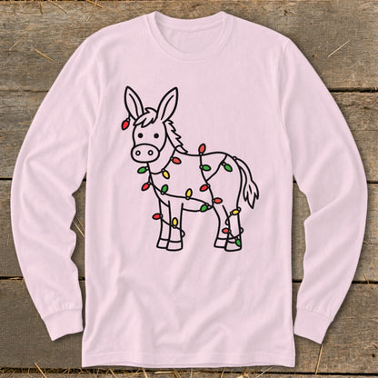 Line drawing of a donkey wrapped in colorful Christmas lights on a pink shirt.