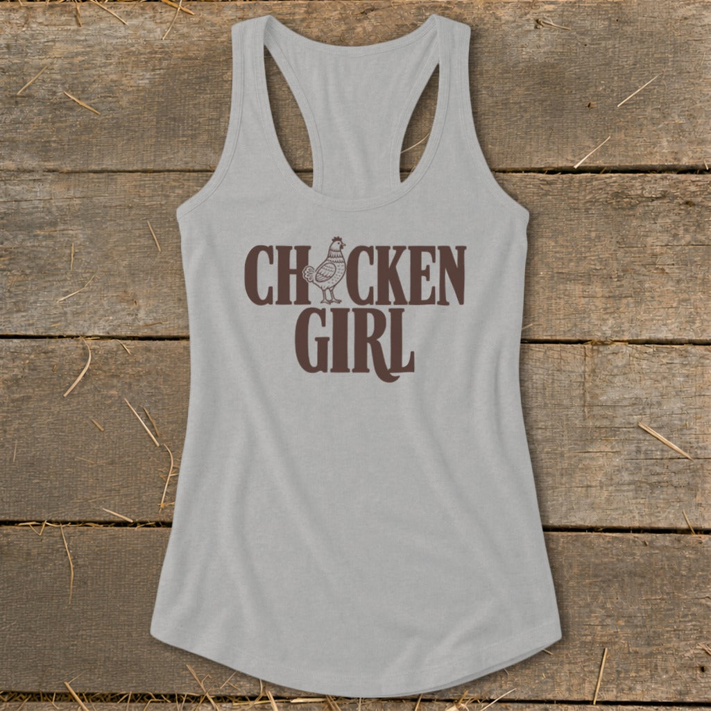 Grey tank top with brown text "CHICKEN GIRL" and a chicken graphic.