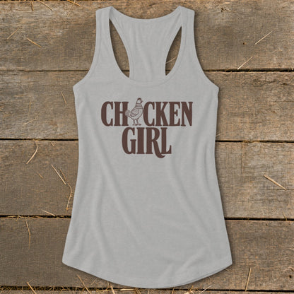 Grey tank top with brown text "CHICKEN GIRL" and a chicken graphic.