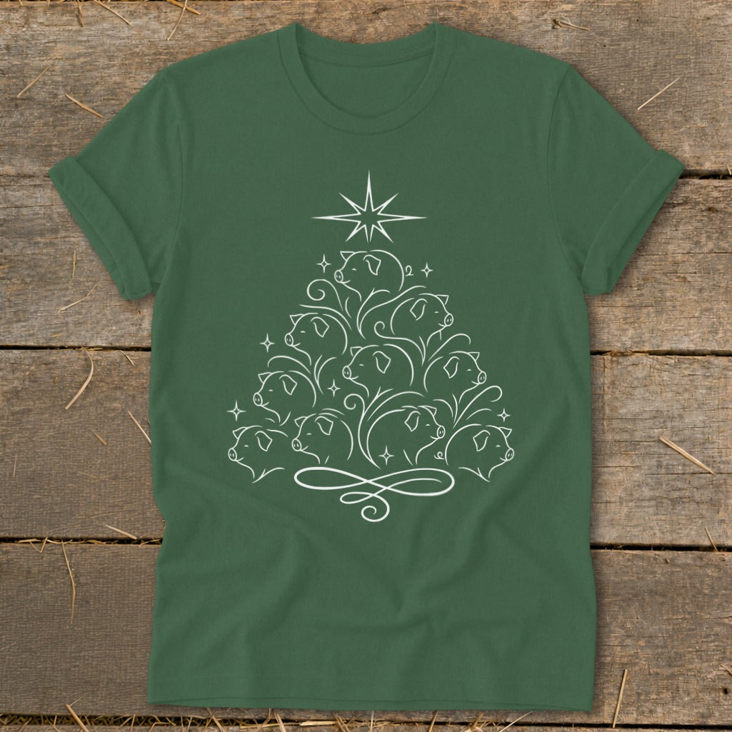 Green t-shirt with white line art of pigs forming a Christmas tree shape.