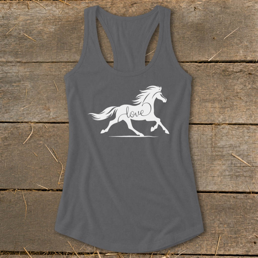 Grey tank top with a white silhouette of a running horse and the word "love".