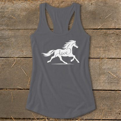 Grey tank top with a white silhouette of a running horse and the word "love".