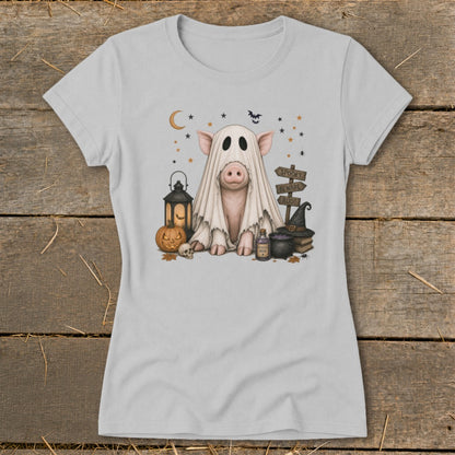 Pig in ghost costume with Halloween decorations and "Spooky Beware Boo!" sign.