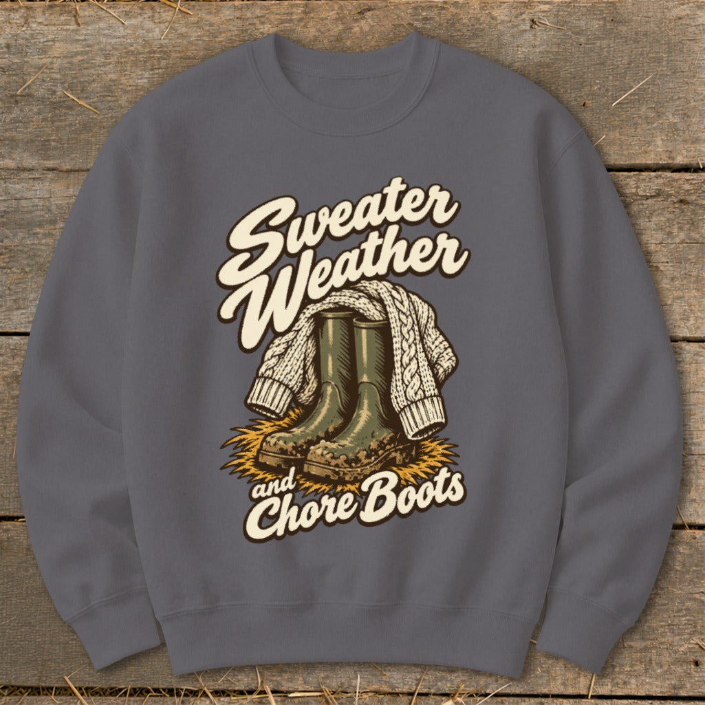 Sweater Weather and Chore Boots graphic on a gray crewneck sweatshirt.