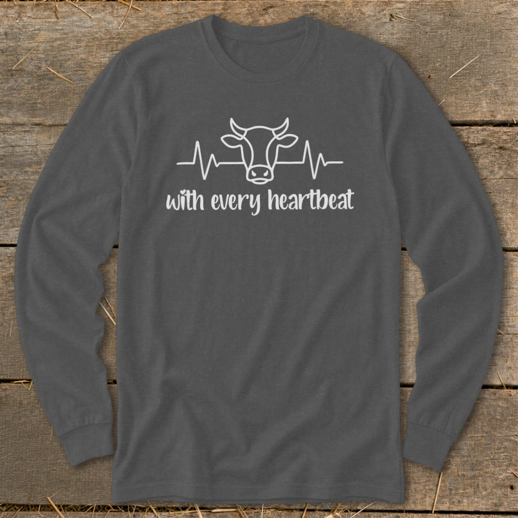 Gray long sleeve shirt with a white cow silhouette heartbeat graphic and text.