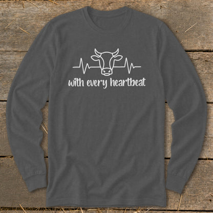 Gray long sleeve shirt with a white cow silhouette heartbeat graphic and text.