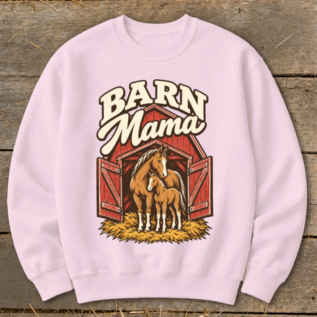 Pink sweatshirt featuring "Barn Mama" text over a red barn with a horse and foal.