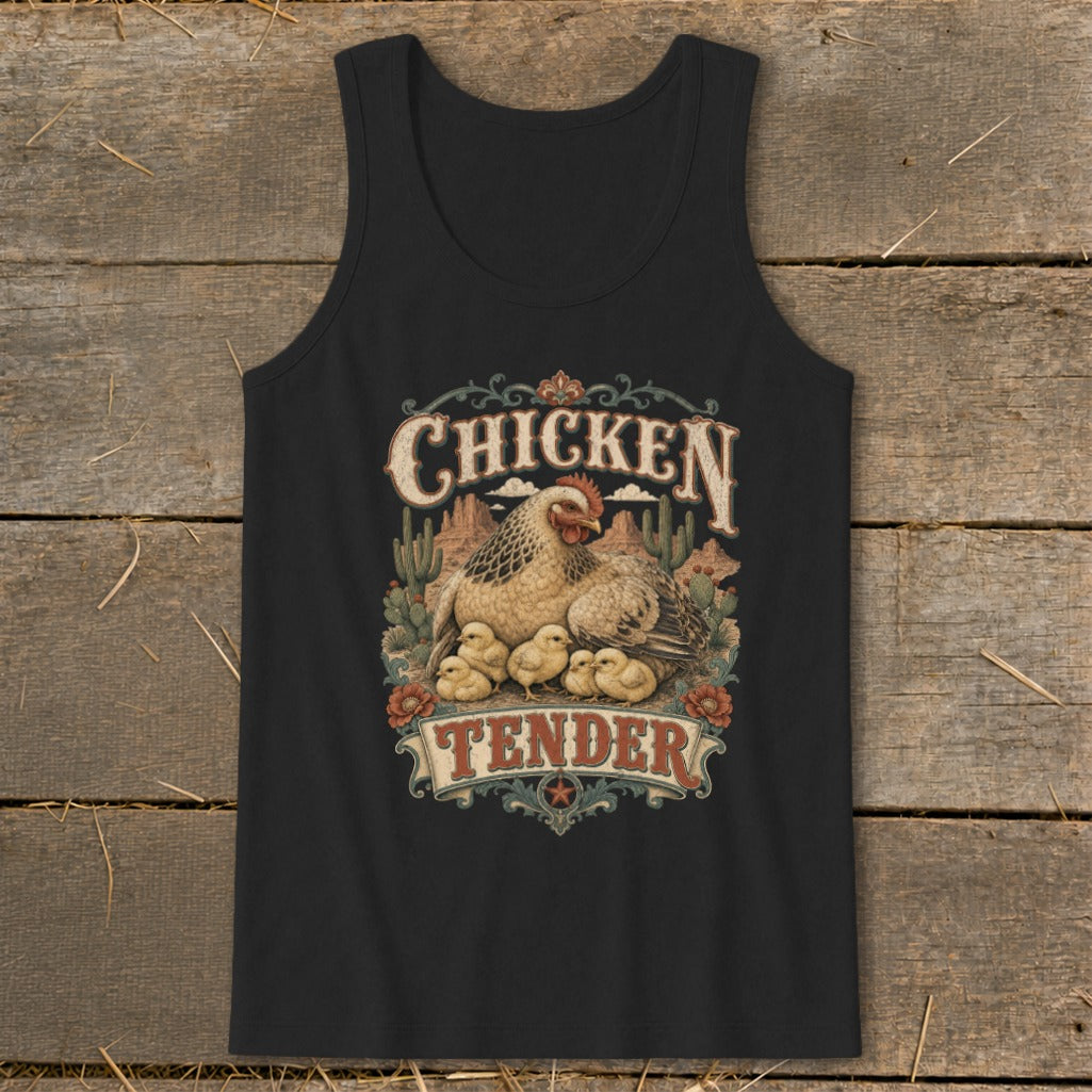 Black tank top with "Chicken Tender" text and hen with chicks graphic.