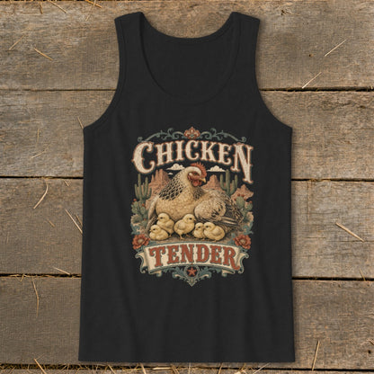 Black tank top with "Chicken Tender" text and hen with chicks graphic.