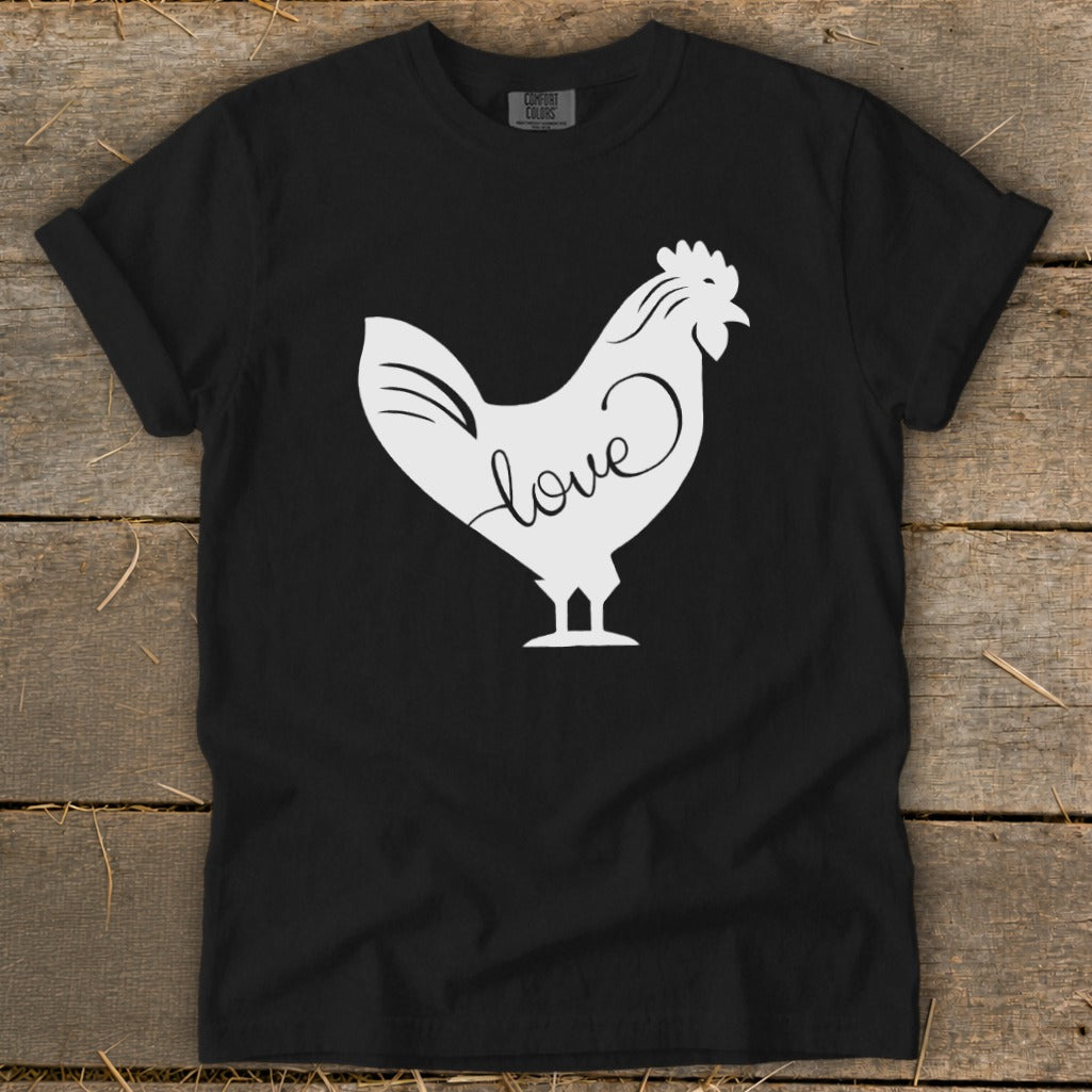 Black t-shirt with white chicken silhouette and "love" text graphic.