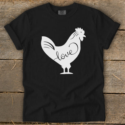 Black t-shirt with white chicken silhouette and "love" text graphic.