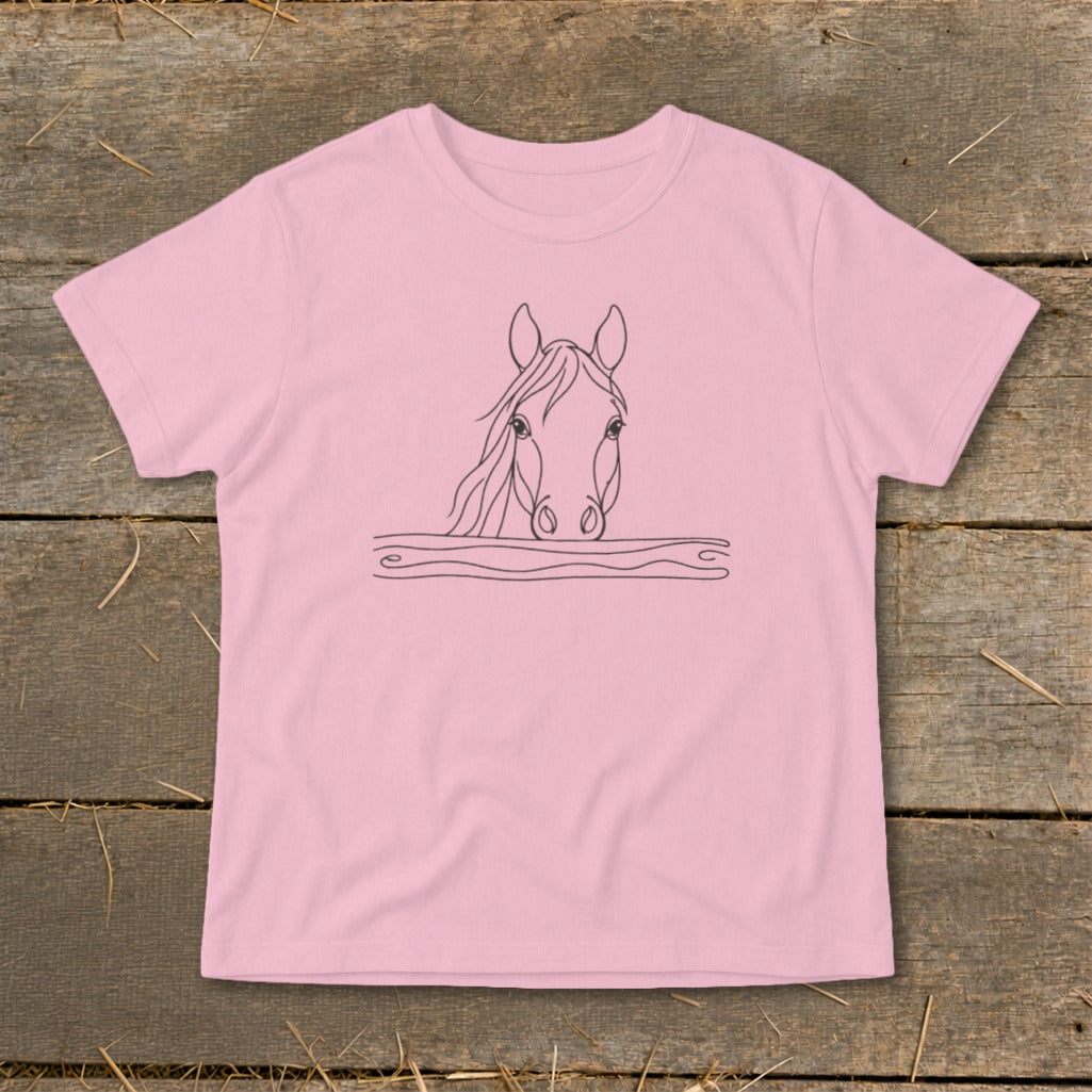 Pink t-shirt with a minimalist line drawing of a horse's head peeking over a wavy line.