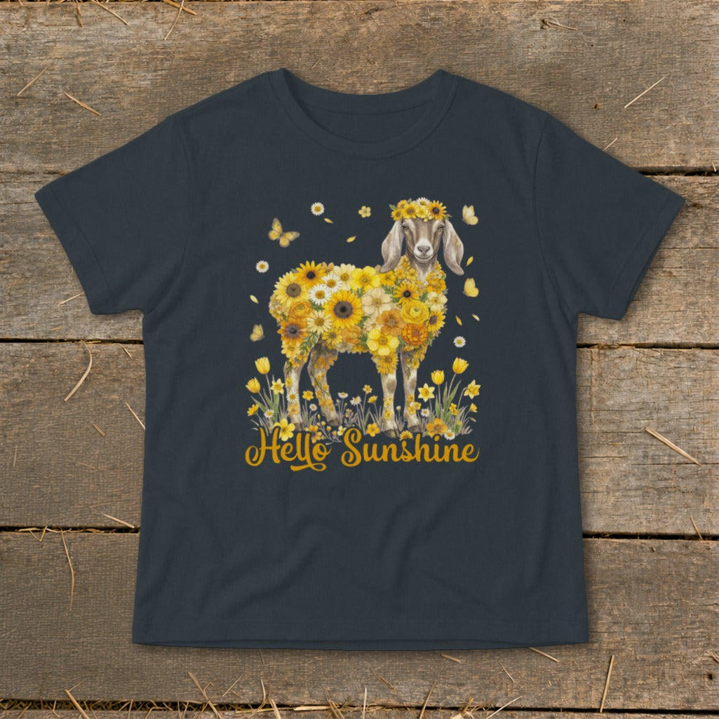Goat with body made of sunflowers and "Hello Sunshine" text on shirt.