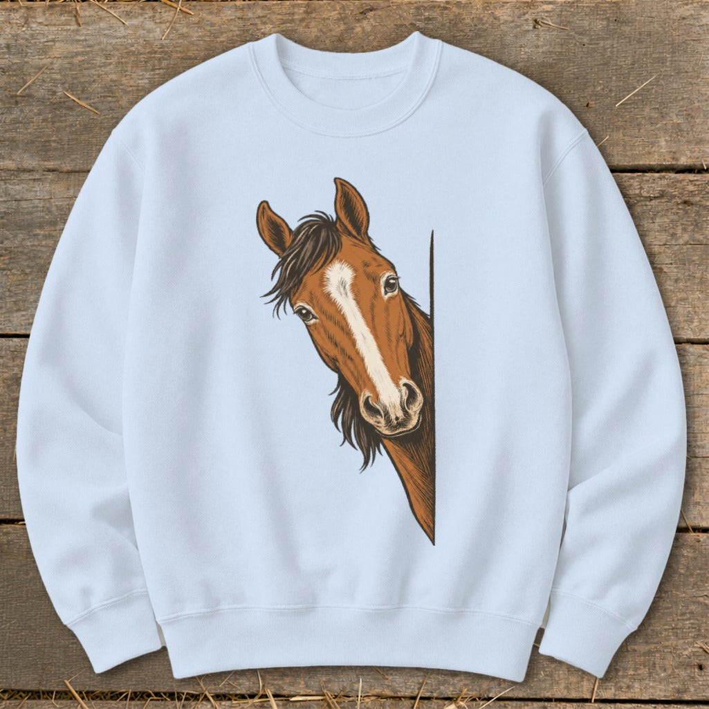 Light blue sweatshirt featuring a brown horse's head peeking from the side.