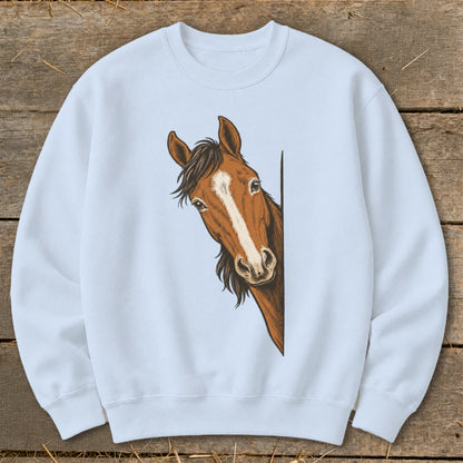 Light blue sweatshirt featuring a brown horse's head peeking from the side.
