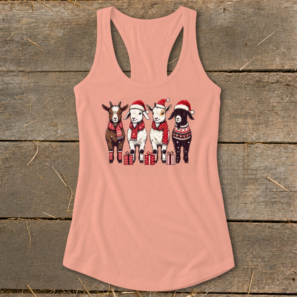 Four cartoon goats in Santa hats and scarves stand with presents.