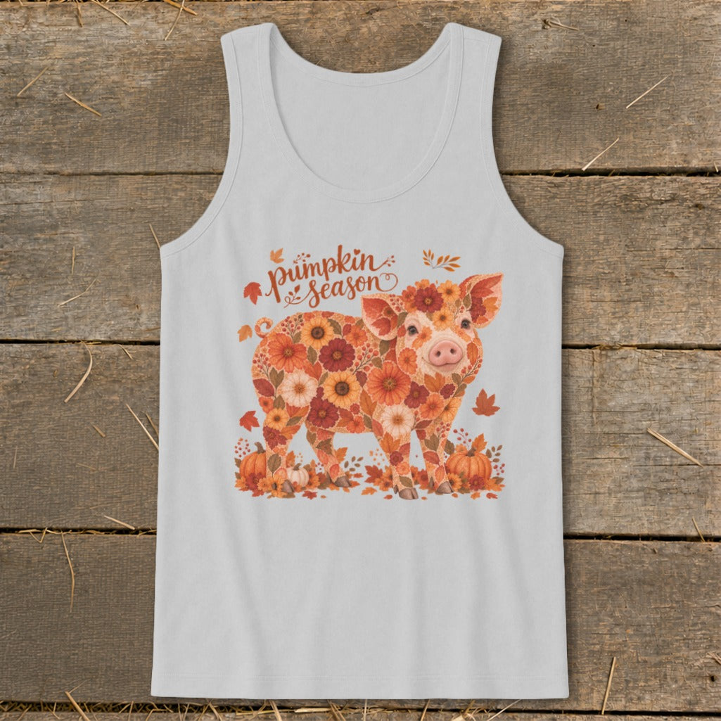 Light gray tank top with a floral pig and "Pumpkin Season" text.