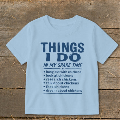 Light blue t-shirt with "Things I Do In My Spare Time" and chicken-related bullet points.