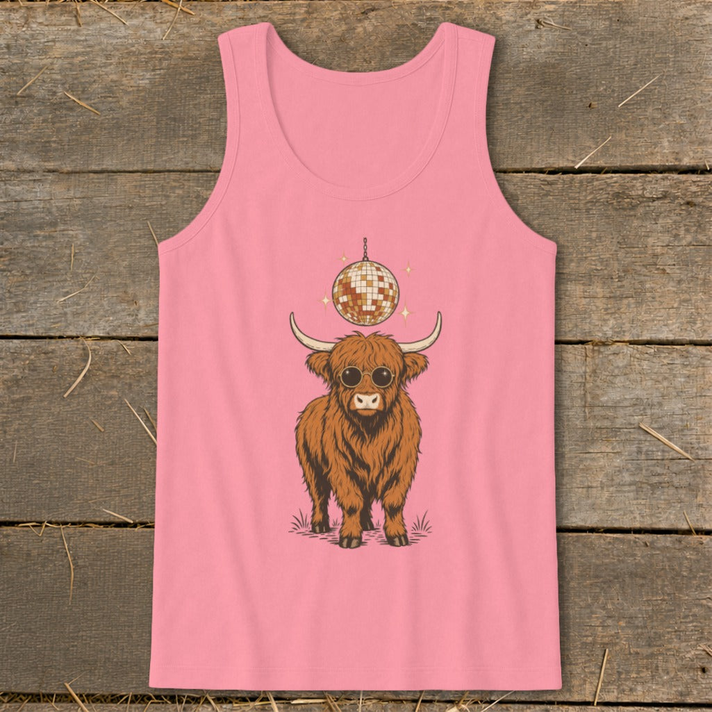 Highland cow wearing sunglasses with a disco ball above it on a pink tank top.