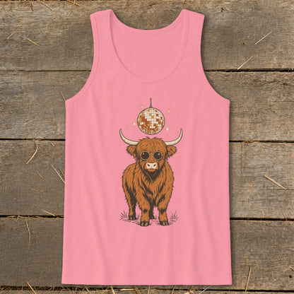 Highland cow wearing sunglasses with a disco ball above it on a pink tank top.
