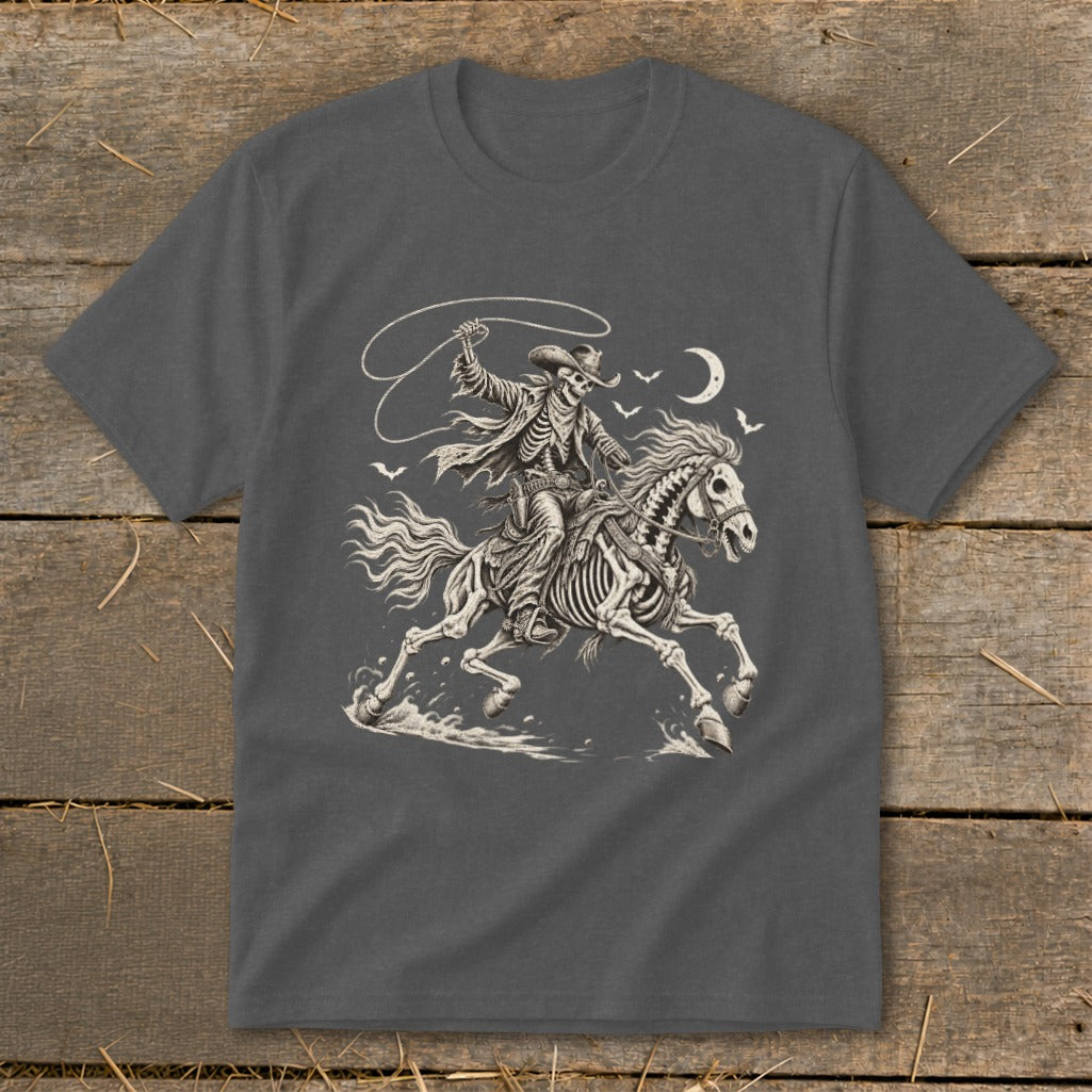 Skeleton cowboy lassoing while riding a skeleton horse under a crescent moon.
