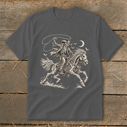 Skeleton cowboy lassoing while riding a skeleton horse under a crescent moon.