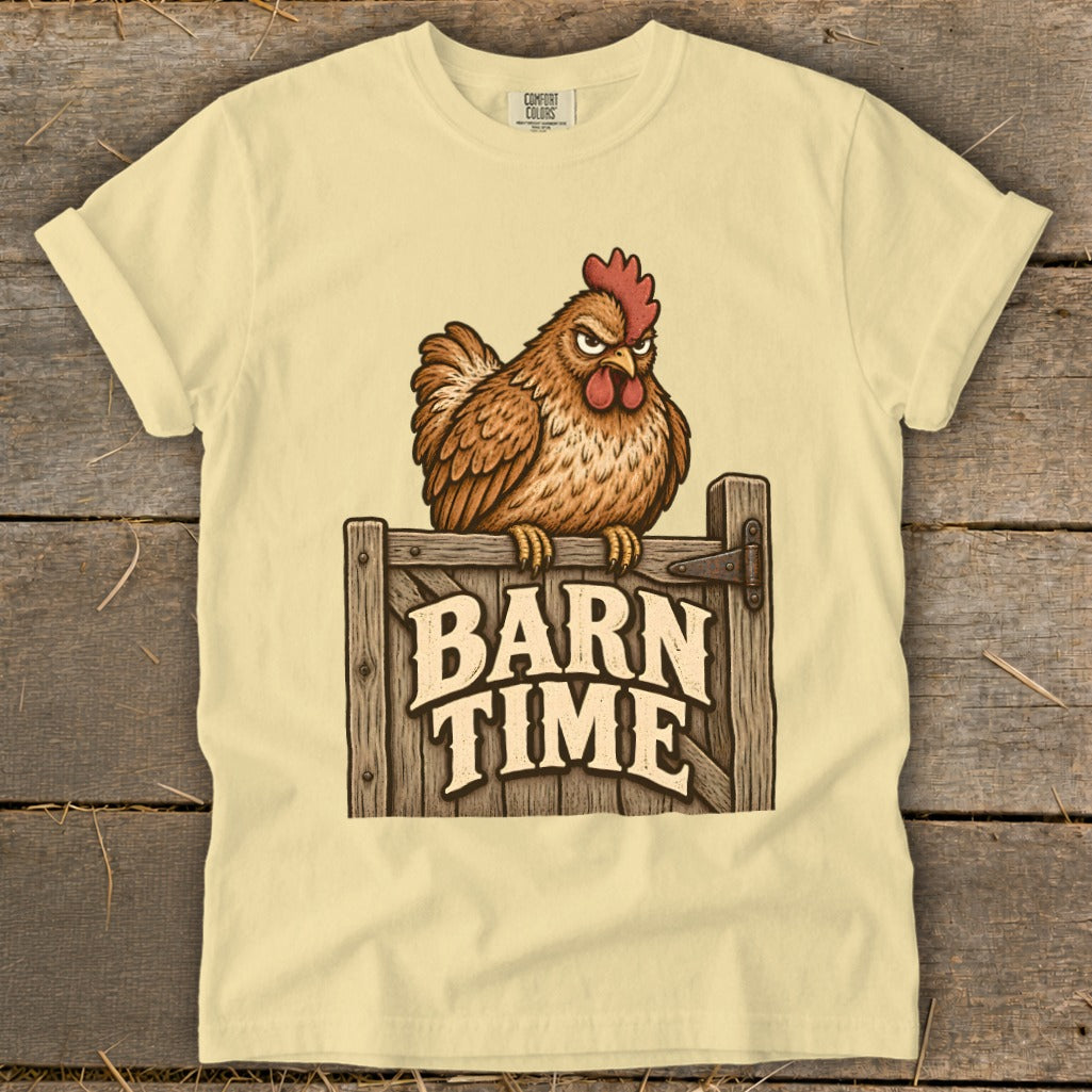 Yellow t-shirt with grumpy chicken and "Barn Time" text.