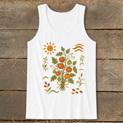 White tank top with a watercolor-style illustration of a tomato plant, sun, and wavy lines.