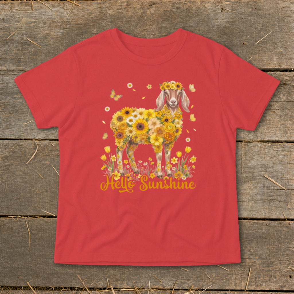 Goat decorated with yellow flowers and butterflies, with "Hello Sunshine" text.