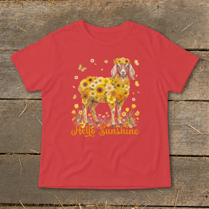 Goat decorated with yellow flowers and butterflies, with "Hello Sunshine" text.