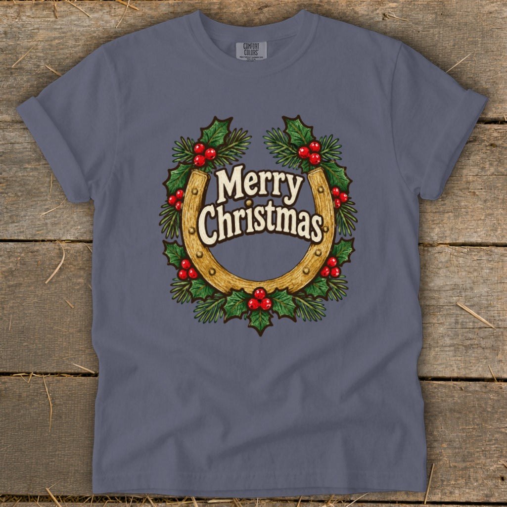 Horseshoe wreath with holly, berries, and "Merry Christmas" text.