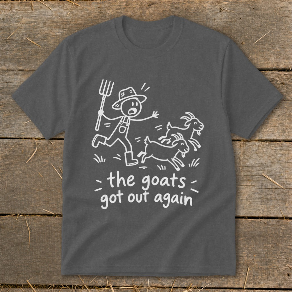 Farmer with pitchfork chasing three goats, text "the goats got out again".