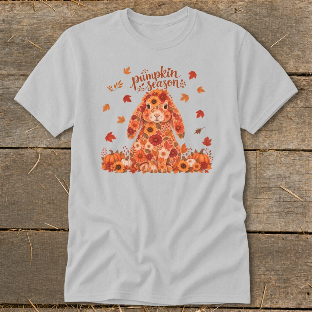 Light gray t-shirt with floral rabbit graphic and "pumpkin season" text.