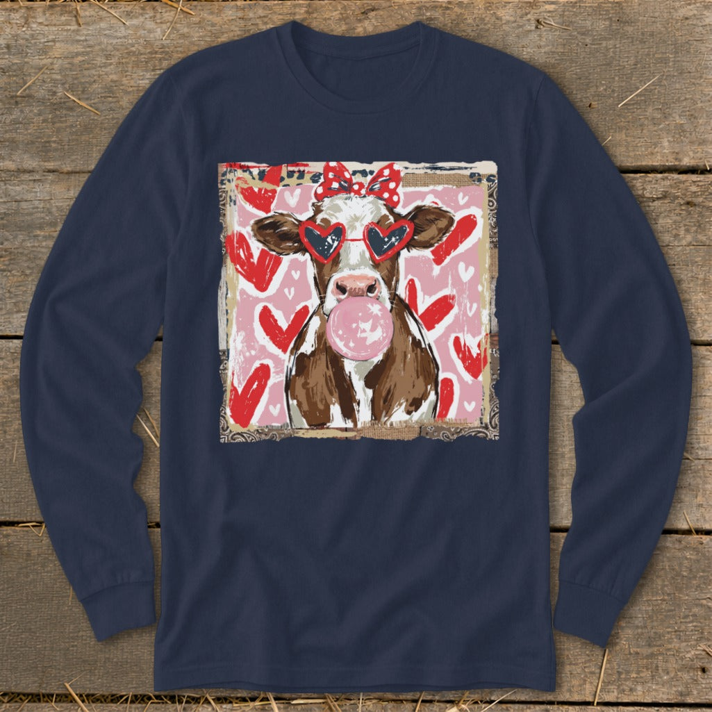 Cow with heart sunglasses blowing bubblegum with red hearts background.