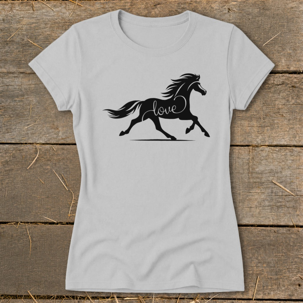 Light gray t-shirt with a black silhouette of a horse and the word "love".