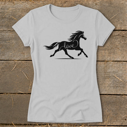 Light gray t-shirt with a black silhouette of a horse and the word "love".
