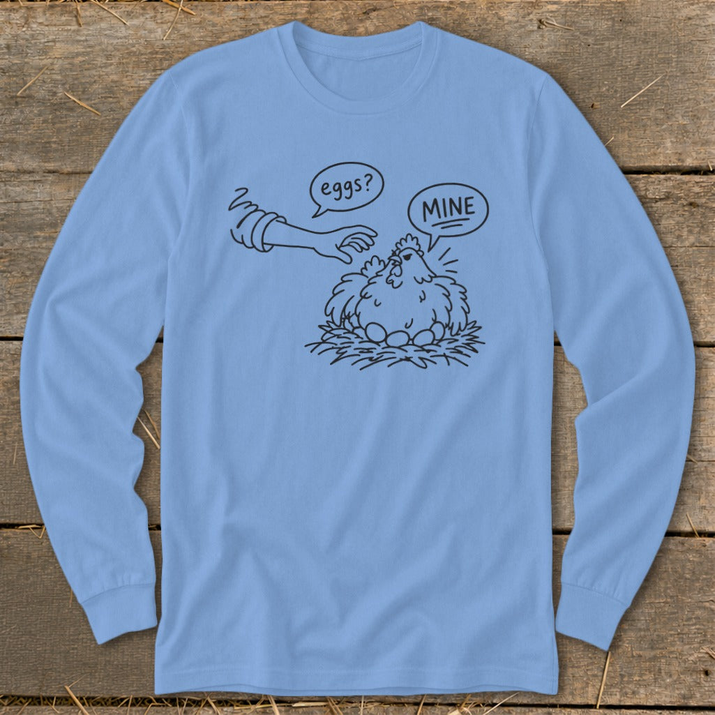 Line drawing of a chicken on eggs with speech bubbles saying "eggs?" and "MINE".