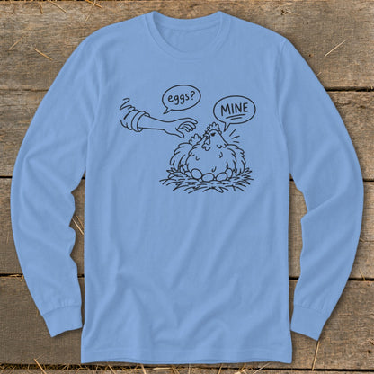 Line drawing of a chicken on eggs with speech bubbles saying "eggs?" and "MINE".