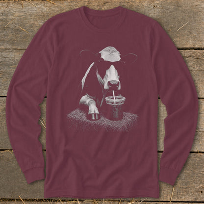 Long sleeve maroon shirt with a cow wearing sunglasses drinking from a cup.