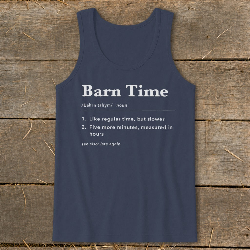 Navy tank top with "Barn Time" definition print.