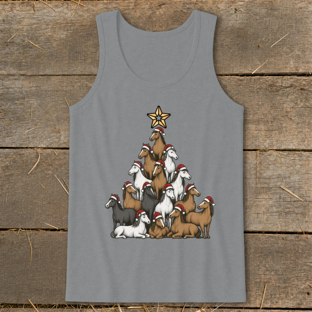 Gray tank top with a Christmas tree shape made of horses wearing Santa hats.