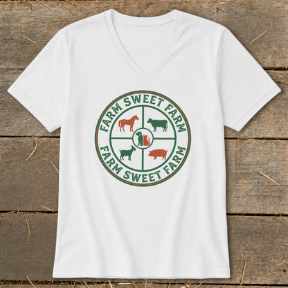 White t-shirt with circular farm animals logo and text "Farm Sweet Farm".